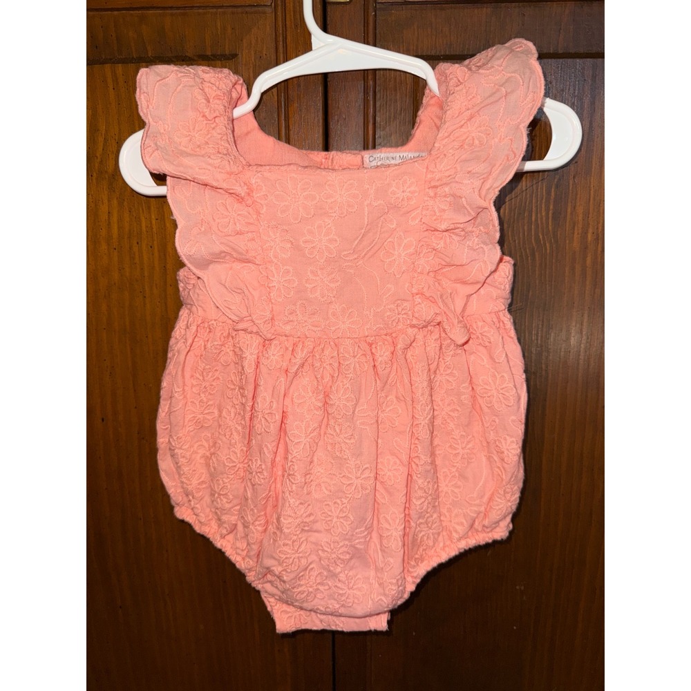 Catherine Malandrino Mini Baby Girl Peach  Eyelet Romper 3-6M Flutter Sleeve